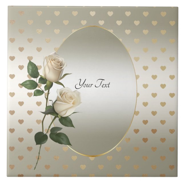 White Roses Gold Hearts Ceramic Tile (Front)