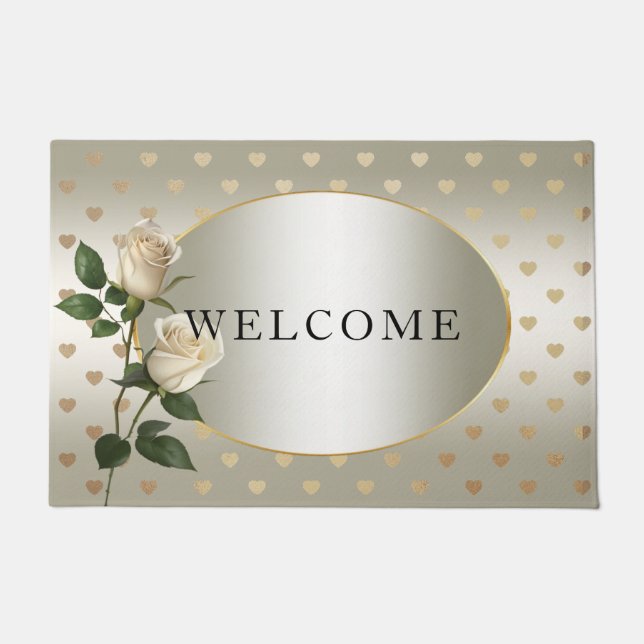 White Roses Gold Hearts Doormat (Front)