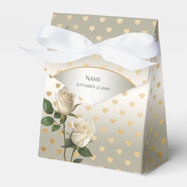 White Roses Gold Hearts Favour Box (Front Side)