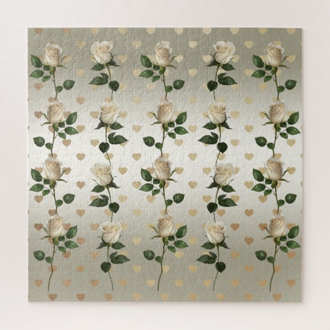 White Roses Gold Hearts Jigsaw Puzzle (Vertical)