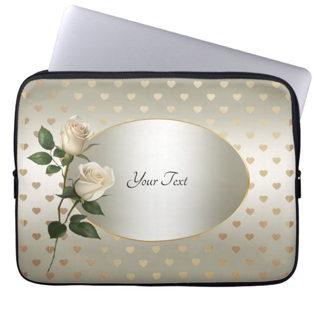 White Roses Gold Hearts Laptop Sleeve (Front)
