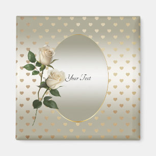 White Roses Gold Hearts Magnet