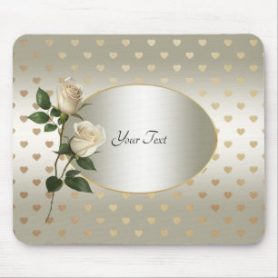 White Roses Gold Hearts Mousepad