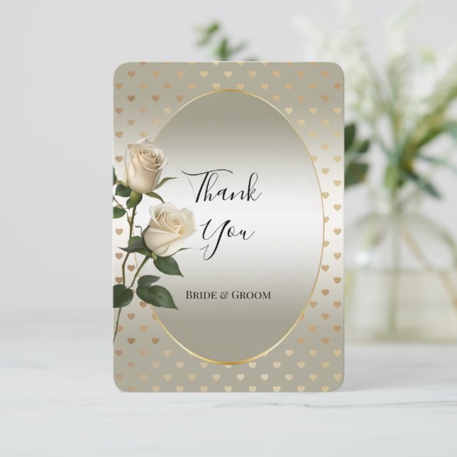 White Roses Gold Hearts Thank You Card (Standing Front)