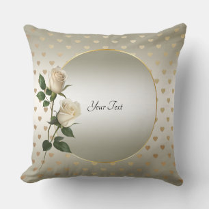 White Roses Gold Hearts Throw Pillow