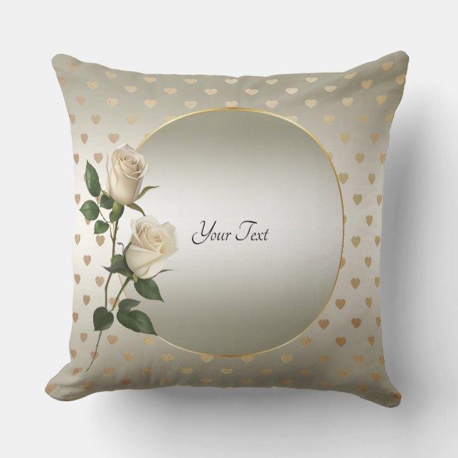 White Roses Gold Hearts Throw Pillow (Front)