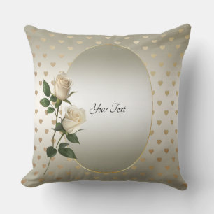 White Roses Gold Hearts Throw Pillow