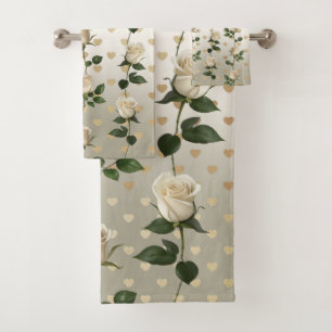 White Roses Gold Hearts Towel Set