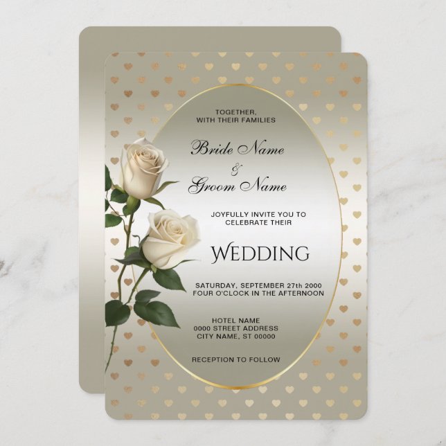 White Roses Gold Hearts Wedding Invitation (Front/Back)