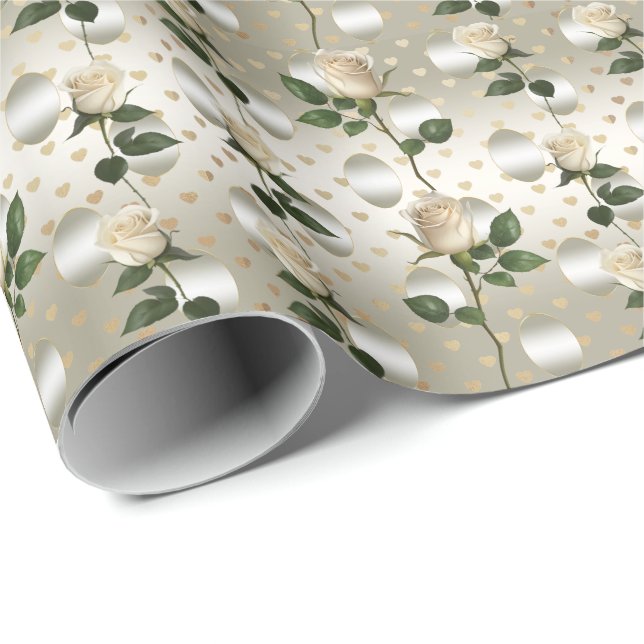 White Roses Gold Hearts Wrapping Paper (Roll Corner)