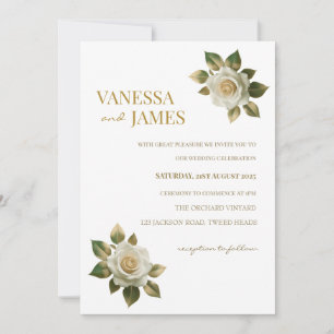 White Roses Gold leaves Wedding Invitation