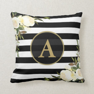 WHITE ROSES Gold Monogram Black White Striped Cushion
