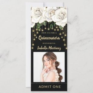 White Roses Gold String Light Quinceañera Ticket Invitation