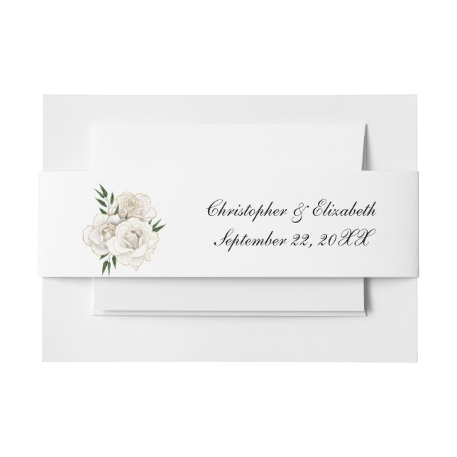 White Roses Gold Trim Elegant Floral Wedding  Invitation Belly Band (Front Example)