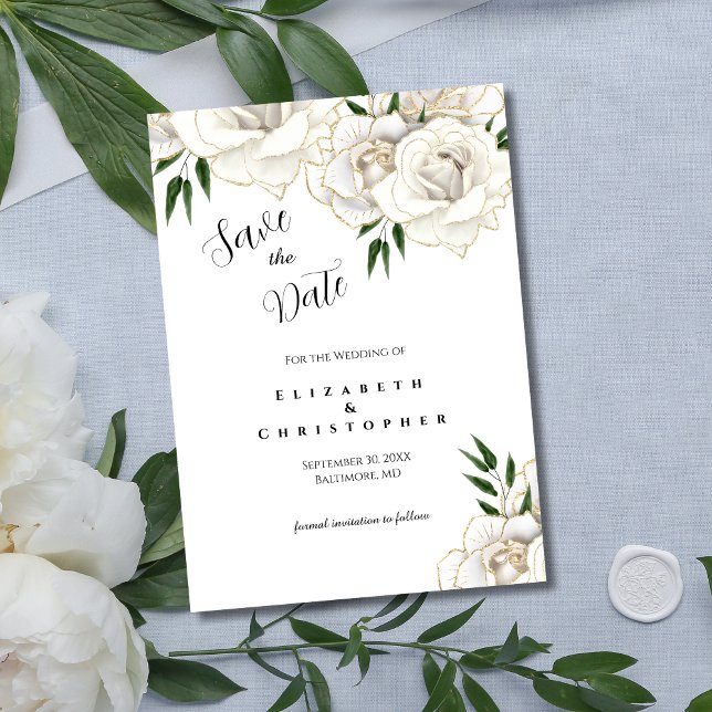 White Roses Gold Trim Elegant Formal Wedding Save The Date (White Rose Gold Trim Elegant Wedding Save the Date Card. Printed or Digital Instant download)