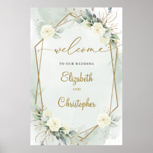 White Roses Green Eucalyptus Gold Geometric Poster