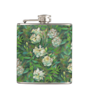 "White roses, green leaves", beautiful flowers Hip Flask