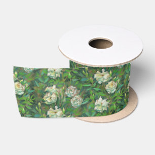 "White roses, green leaves", botanical pattern Satin Ribbon