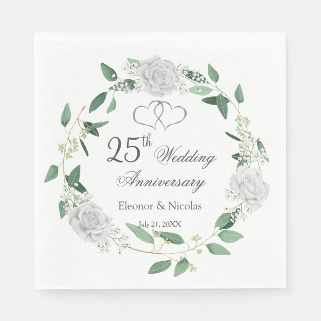 White Roses Greenery 25th Wedding Anniversary Napkin (Front)