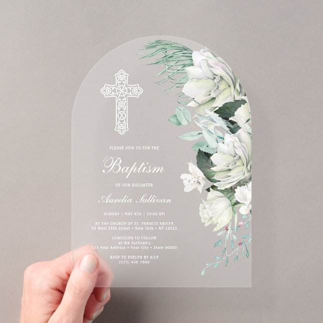 White Roses Greenery Arch Baptism Acrylic Invitations (Insitu (Handheld))