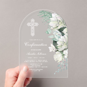 White Roses Greenery Arch Confirmation Acrylic Invitations