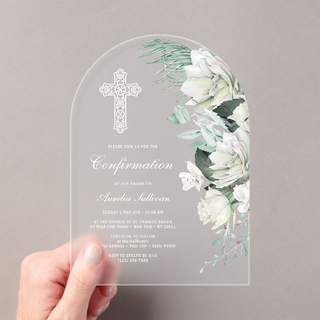 White Roses Greenery Arch Confirmation Acrylic Invitations (Insitu (Handheld))