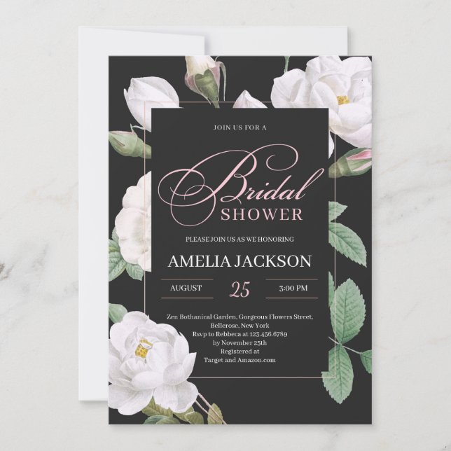 White roses greenery black bridal shower invitation (Front)