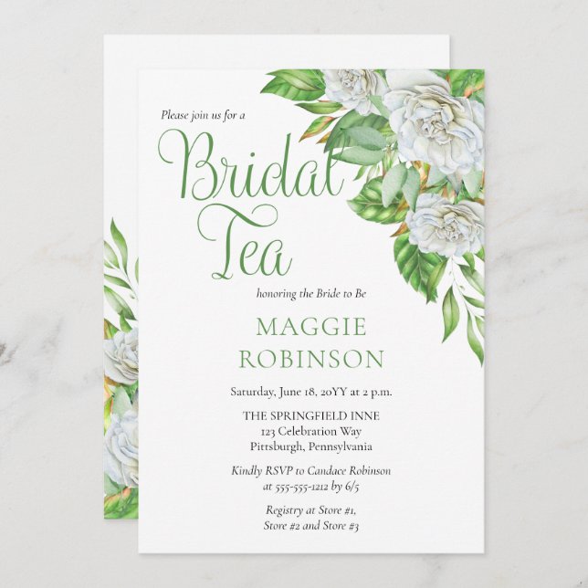 White Roses | Greenery  Boho Floral Bridal Tea Invitation (Front/Back)