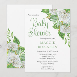 White Roses  Greenery Boho Floral Girl Baby Shower Invitation