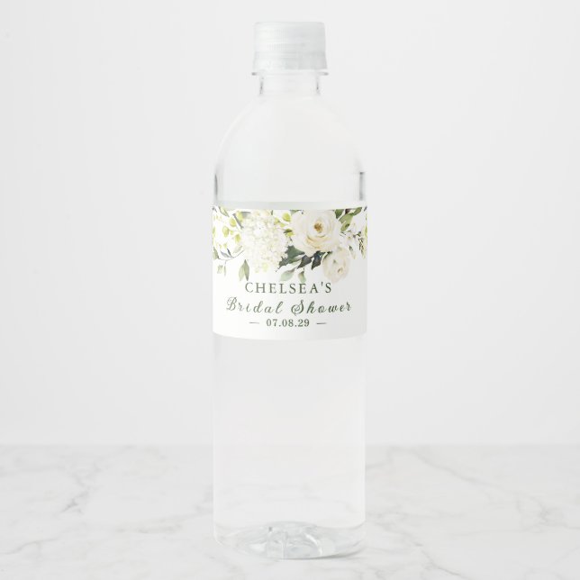 White Roses Greenery Bridal Shower Water Bottle Label (Front)