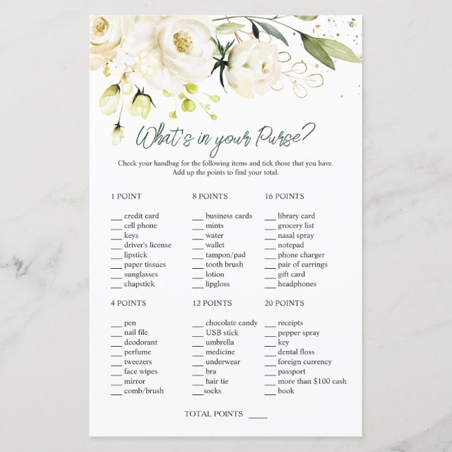 White Roses Greenery Bridal What's in Your Purse (Front)