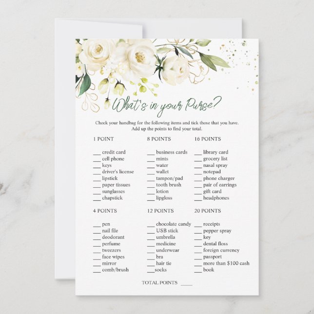 White Roses Greenery Bridal What's in Your Purse Invitation (Front)