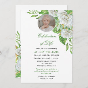 White Roses   Greenery Floral Celebration of Life Invitation