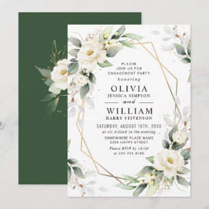 White Roses Greenery Floral Engagement Party Invitation