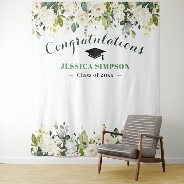 White Roses Greenery Floral Photo Grad Backdrop Tapestry (In Situ)