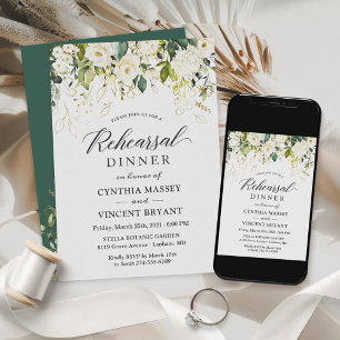 White Roses Greenery Floral Rehearsal Dinner Invitation