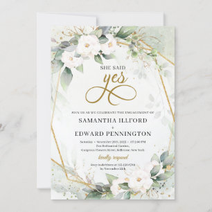 White roses greenery foliage gold she said yes invitation