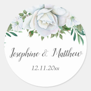 White Roses Greenery Foliage Wedding Classic Round Sticker