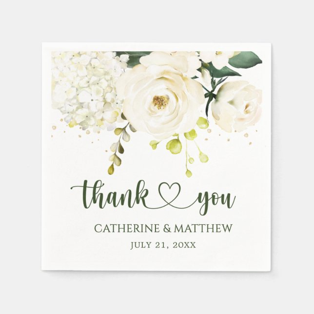 White Roses Greenery Foliage Wedding Napkin (Front)