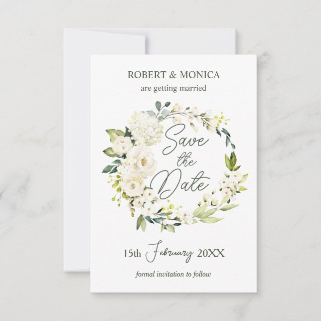 White Roses Greenery Foliage Wedding Save the Date Invitation (Front)
