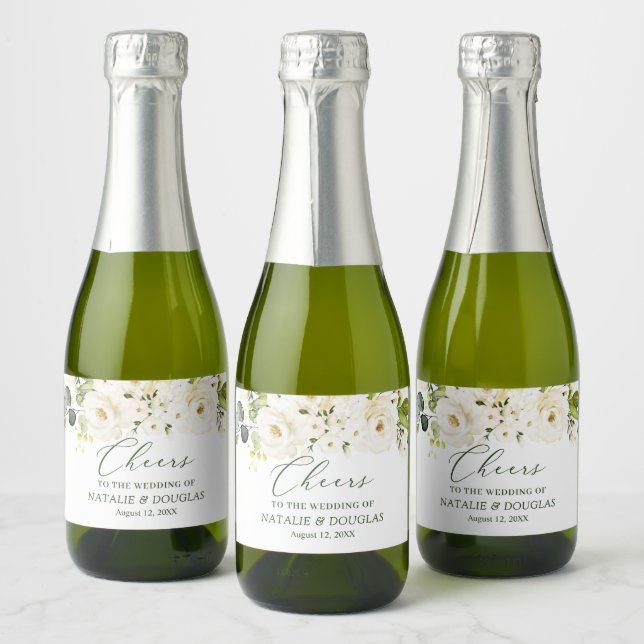White Roses Greenery Foliage Wedding  Sparkling Wine Label (Bottles)