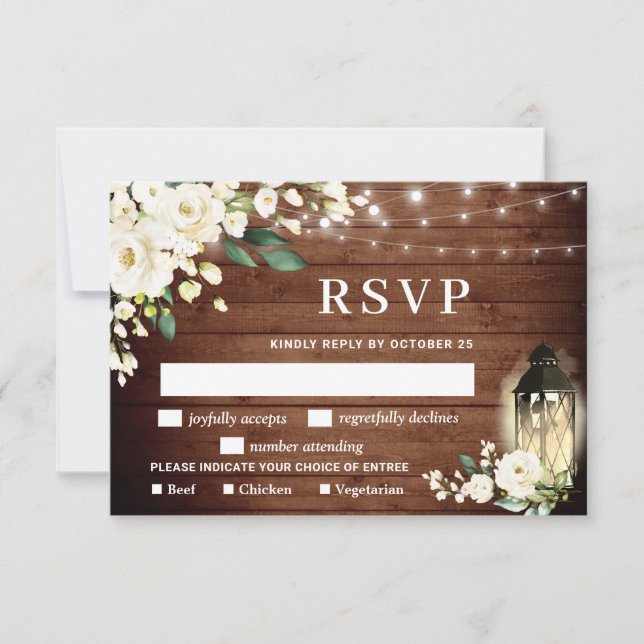 White Roses Greenery Lantern Rustic Wood RSVP Card (Front)