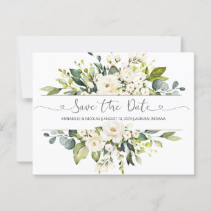 White Roses Greenery Save the Date Postcard