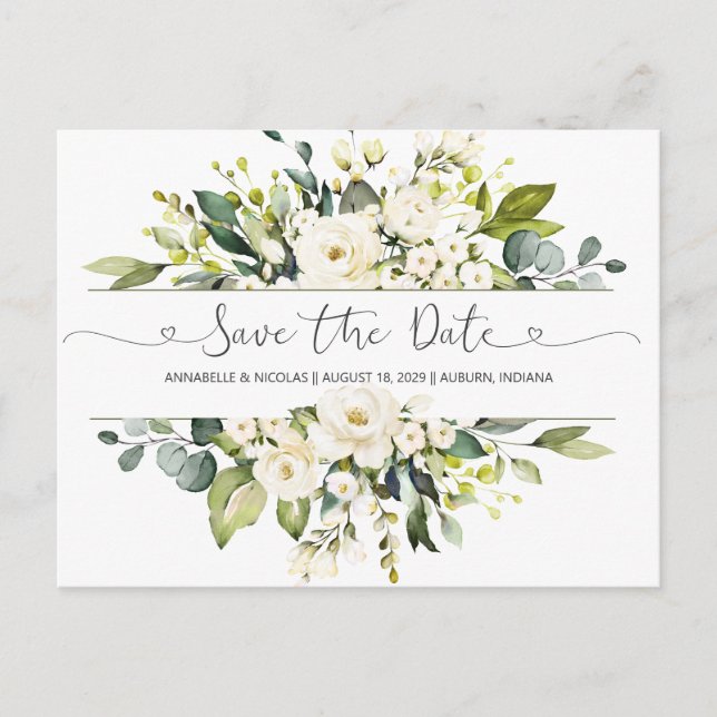 White Roses Greenery Save the Date  Postcard (Front)
