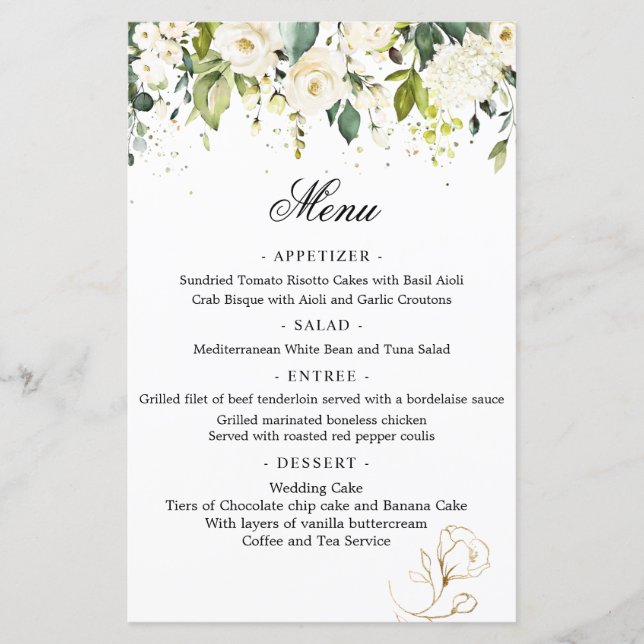White Roses Greenery Wedding Menu Paper Sheet (Front)