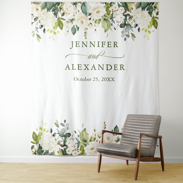 White Roses Greenery Wedding Photo Booth Backdrop Tapestry (In Situ)