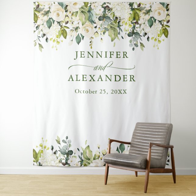 White Roses Greenery Wedding Photo Booth Backdrop Tapestry (In Situ)