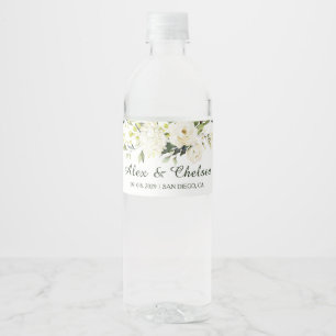 White Roses Greenery Wedding Water Bottle Label