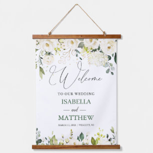 White Roses Greenery Wedding Welcome Sign Tapestry