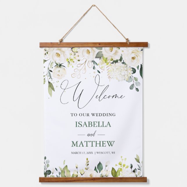 White Roses Greenery Wedding Welcome Sign Tapestry (Front)